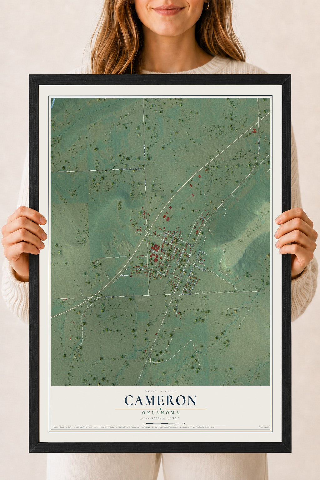 Map of Cameron, Oklahoma, 18 x 24 inch print in a black wood frame