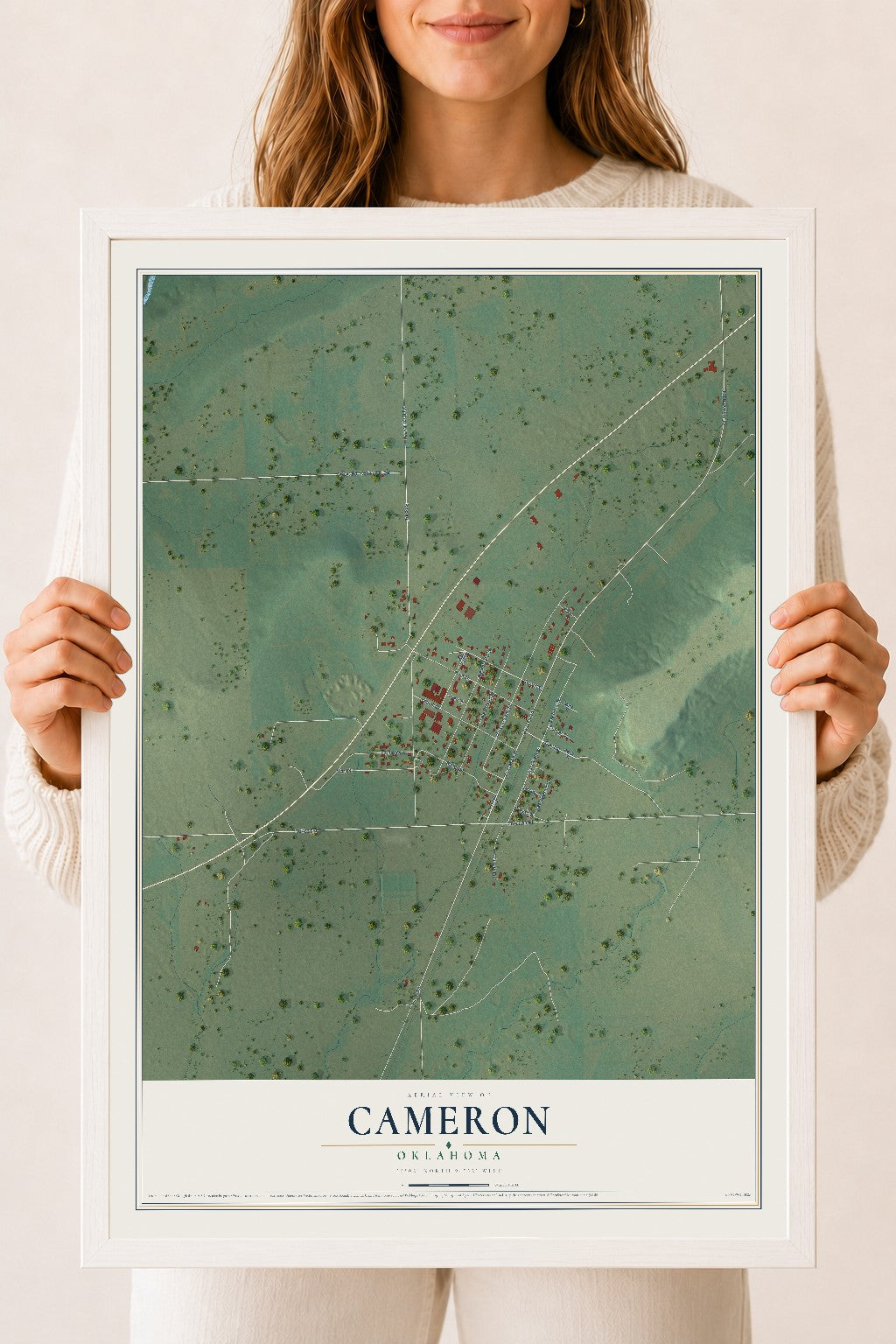 Map of Cameron, Oklahoma, 18 x 24 inch print in a white wood frame