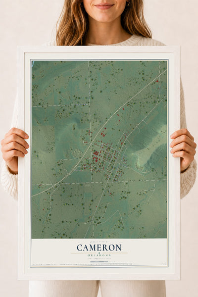 Map of Cameron, Oklahoma, 18 x 24 inch print in a white wood frame