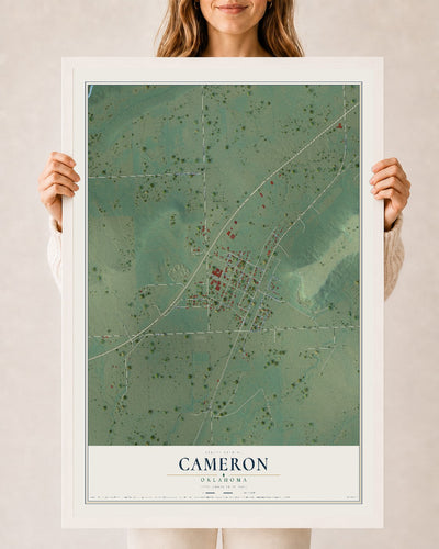 Map of Cameron, Oklahoma, 24 x 36 inch print in a white wood frame