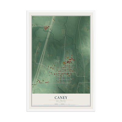 Map of Caney, Oklahoma, 12 x 18 inch print in a white wood frame