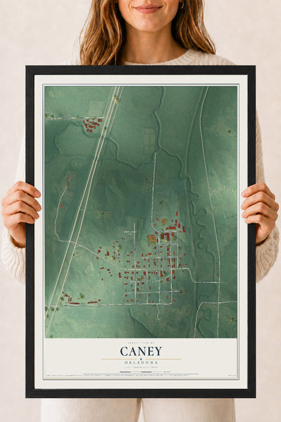 Map of Caney, Oklahoma, 18 x 24 inch print in a black wood frame