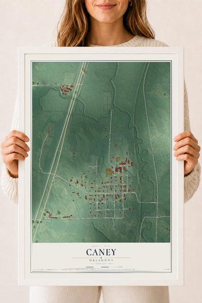 Map of Caney, Oklahoma, 18 x 24 inch print in a white wood frame
