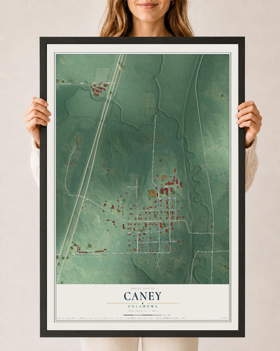 Map of Caney, Oklahoma, 24 x 36 inch print in a black wood frame