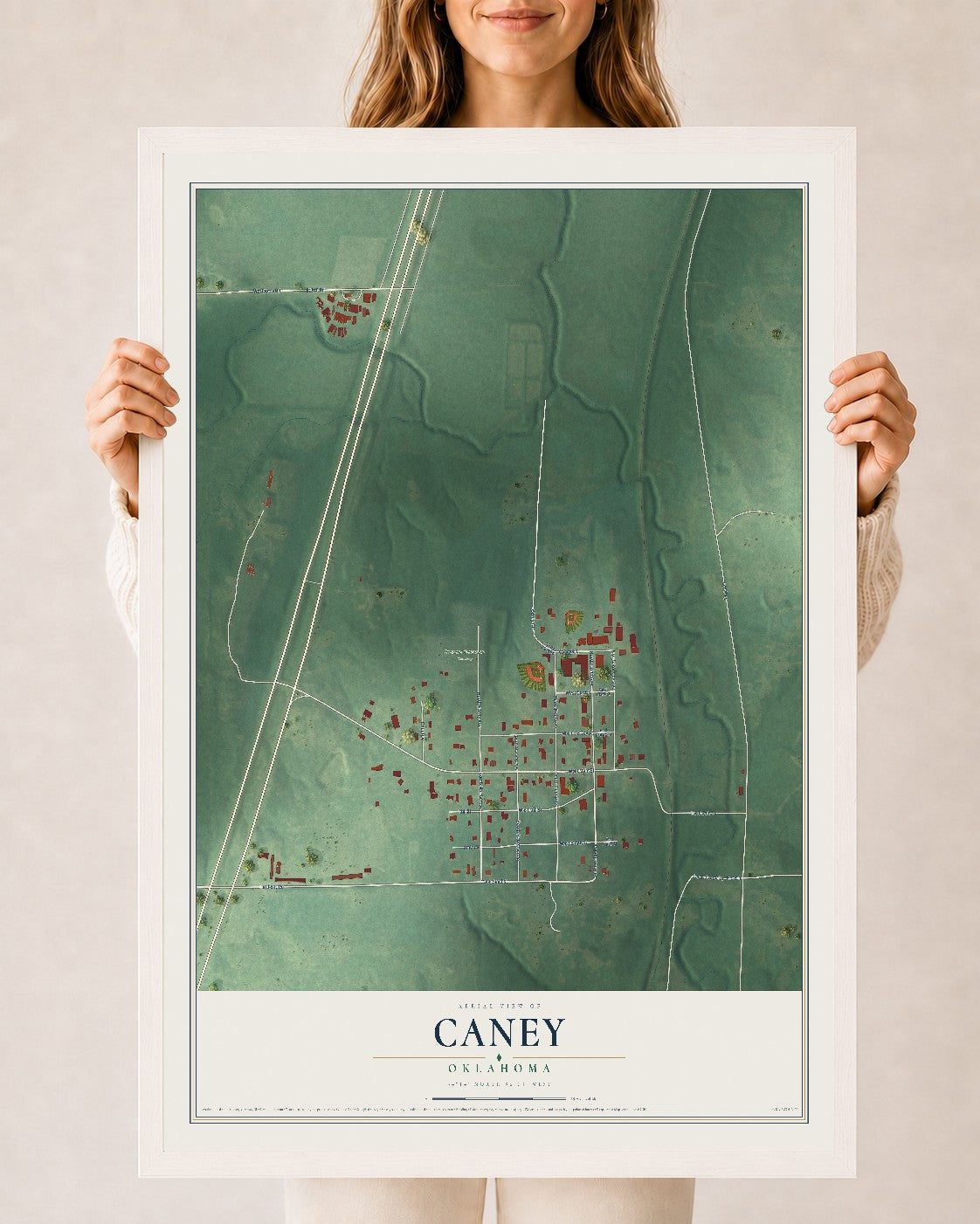 Map of Caney, Oklahoma, 24 x 36 inch print in a white wood frame