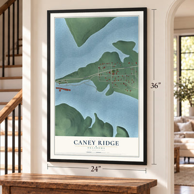 Caney Ridge, Oklahoma map, 24 x 36 inch print in a black frame by a staircase