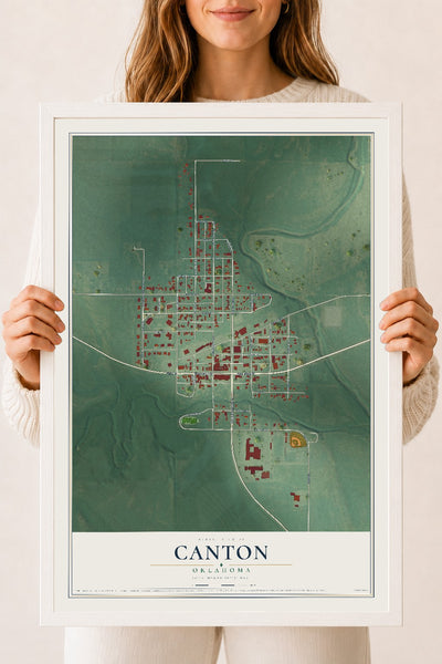 Map of Canton, Oklahoma, 18 x 24 inch print in a white wood frame