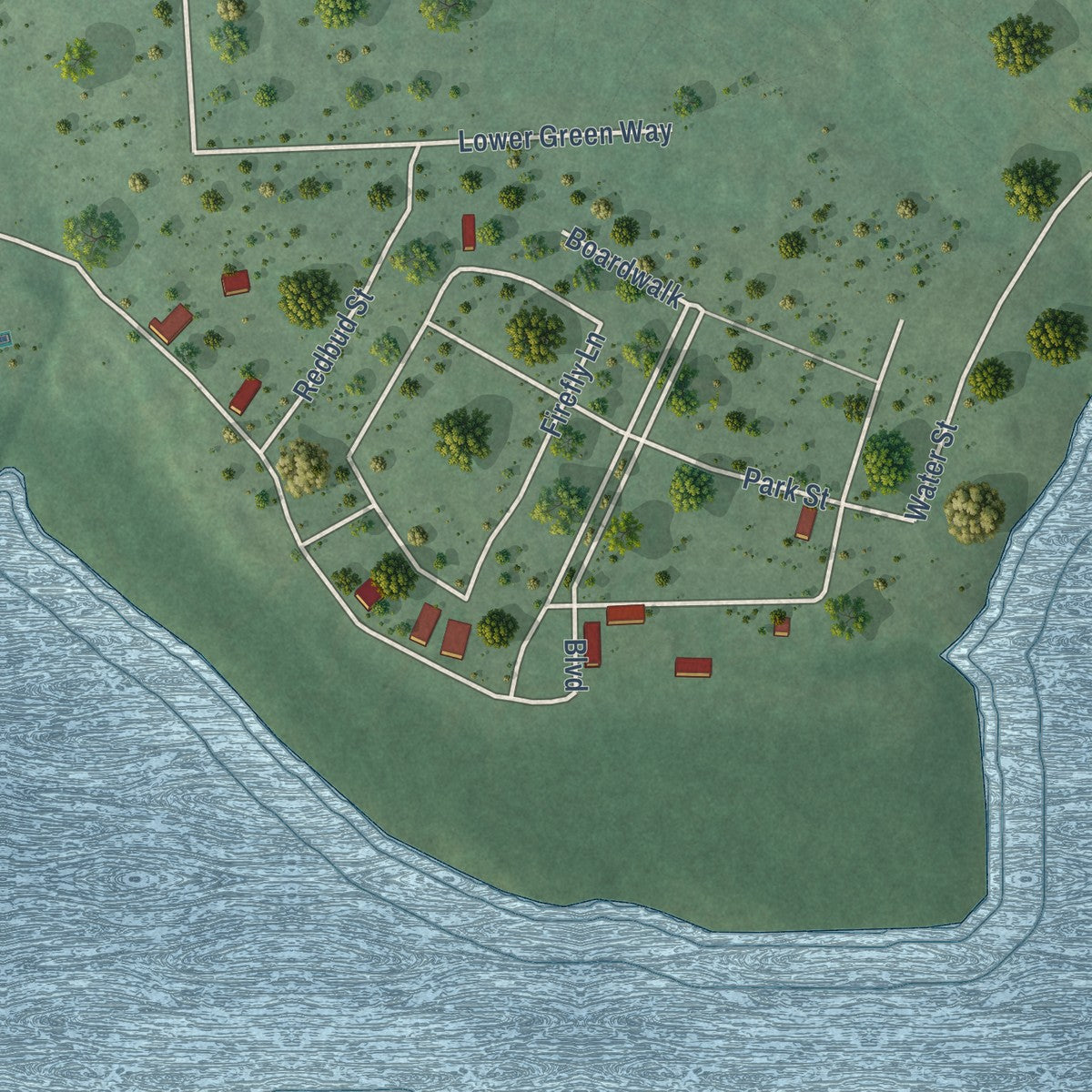 Close-up of the map of Carlton Landing, Oklahoma print showing street and building detail