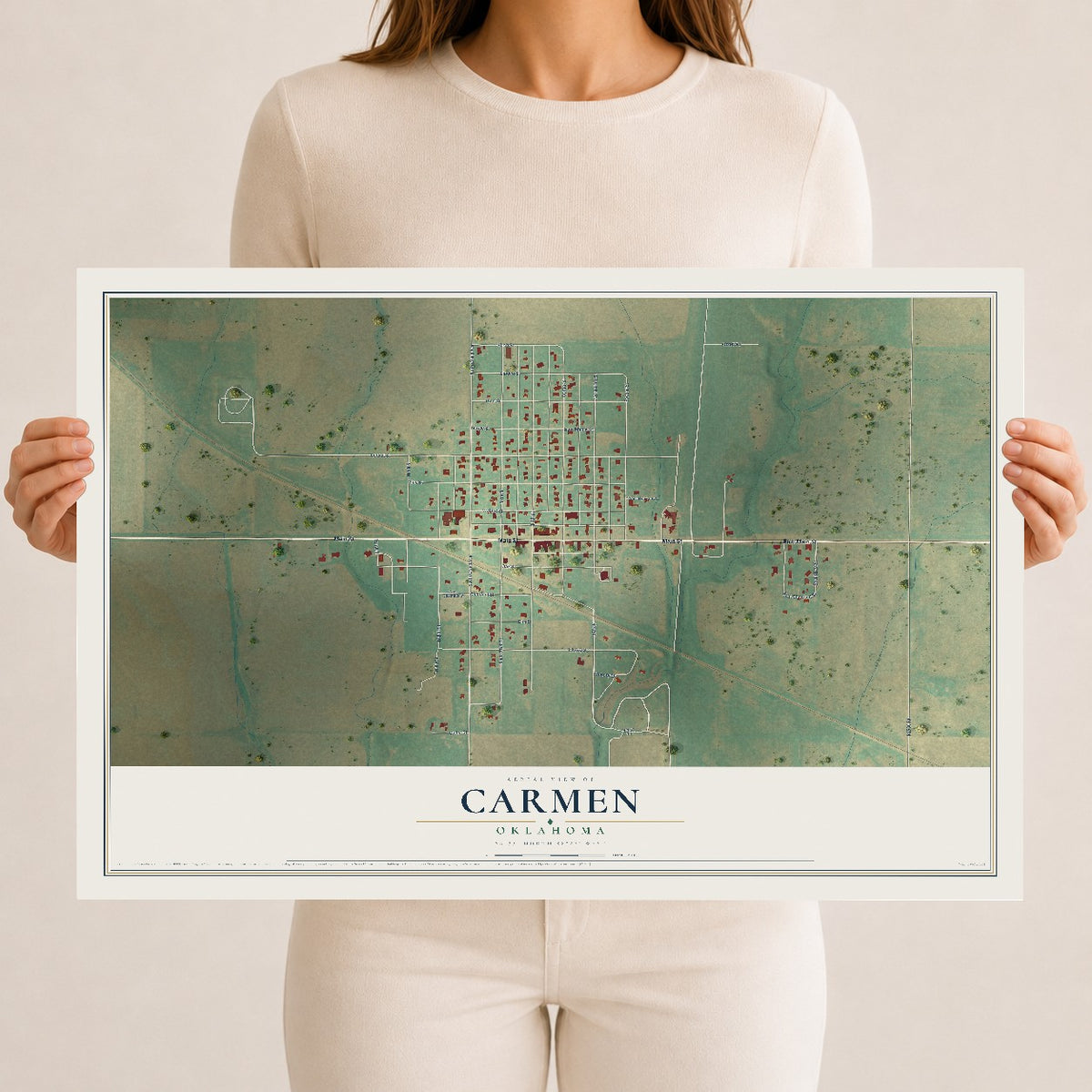Map of Carmen, Oklahoma, 12 x 18 inch unframed archival matte print