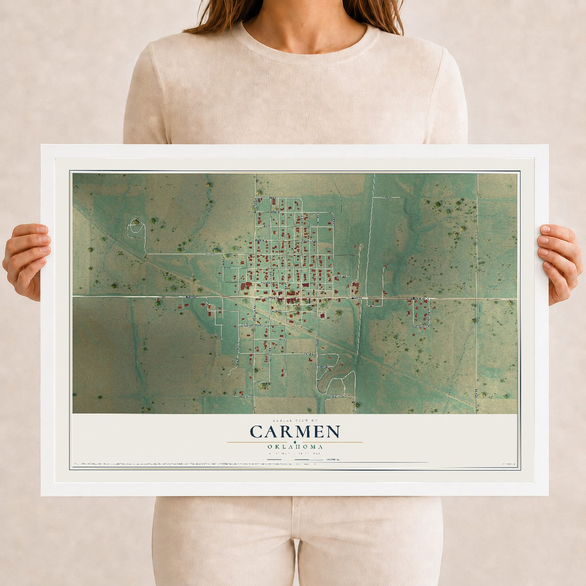 Map of Carmen, Oklahoma, 12 x 18 inch print in a white wood frame