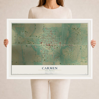 Map of Carmen, Oklahoma, 24 x 36 inch print in a white wood frame