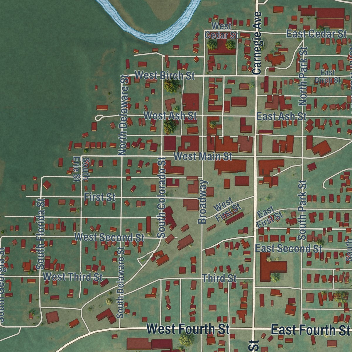 Close-up of the map of Carnegie, Oklahoma print showing street and building detail