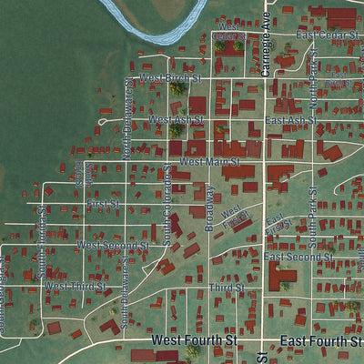 Close-up of the map of Carnegie, Oklahoma print showing street and building detail