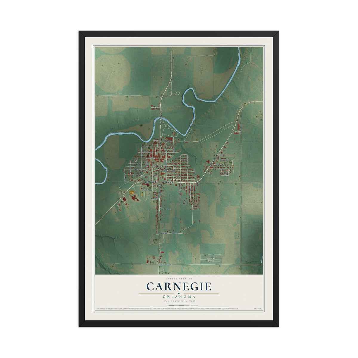 Map of Carnegie, Oklahoma, 12 x 18 inch print in a black wood frame
