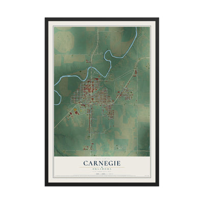Map of Carnegie, Oklahoma, 12 x 18 inch print in a black wood frame