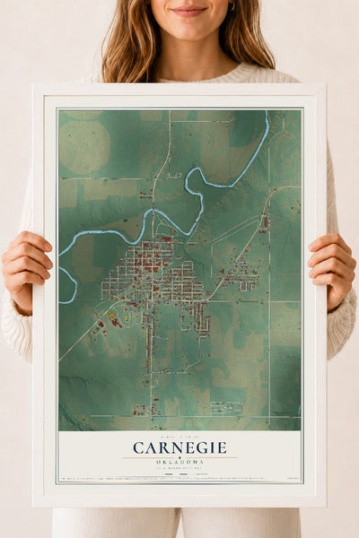 Map of Carnegie, Oklahoma, 18 x 24 inch print in a white wood frame