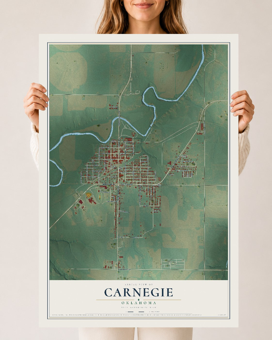 Map of Carnegie, Oklahoma, 24 x 36 inch unframed archival matte print