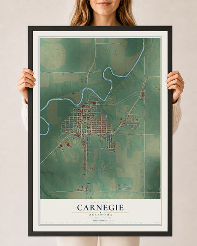 Map of Carnegie, Oklahoma, 24 x 36 inch print in a black wood frame