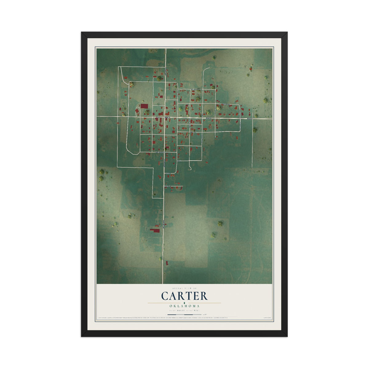 Map of Carter, Oklahoma, 12 x 18 inch print in a black wood frame