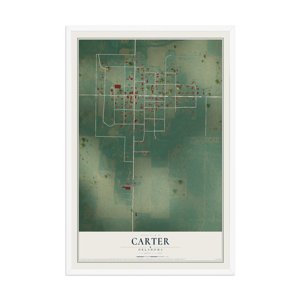 Map of Carter, Oklahoma, 12 x 18 inch print in a white wood frame