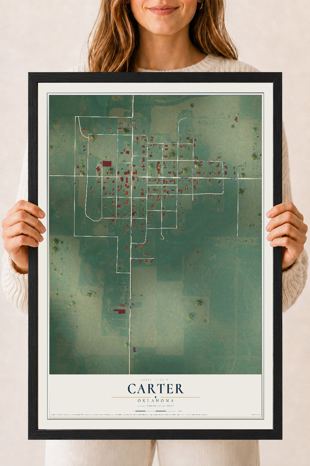 Map of Carter, Oklahoma, 18 x 24 inch print in a black wood frame