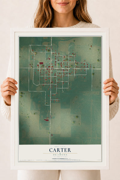 Map of Carter, Oklahoma, 18 x 24 inch print in a white wood frame