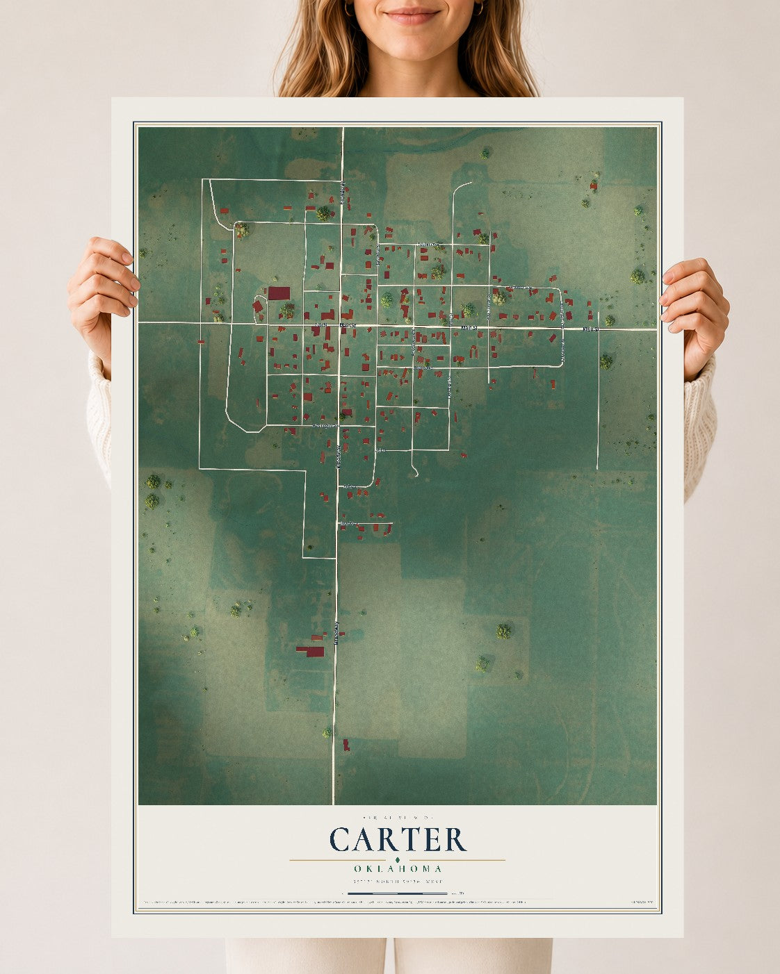 Map of Carter, Oklahoma, 24 x 36 inch unframed archival matte print