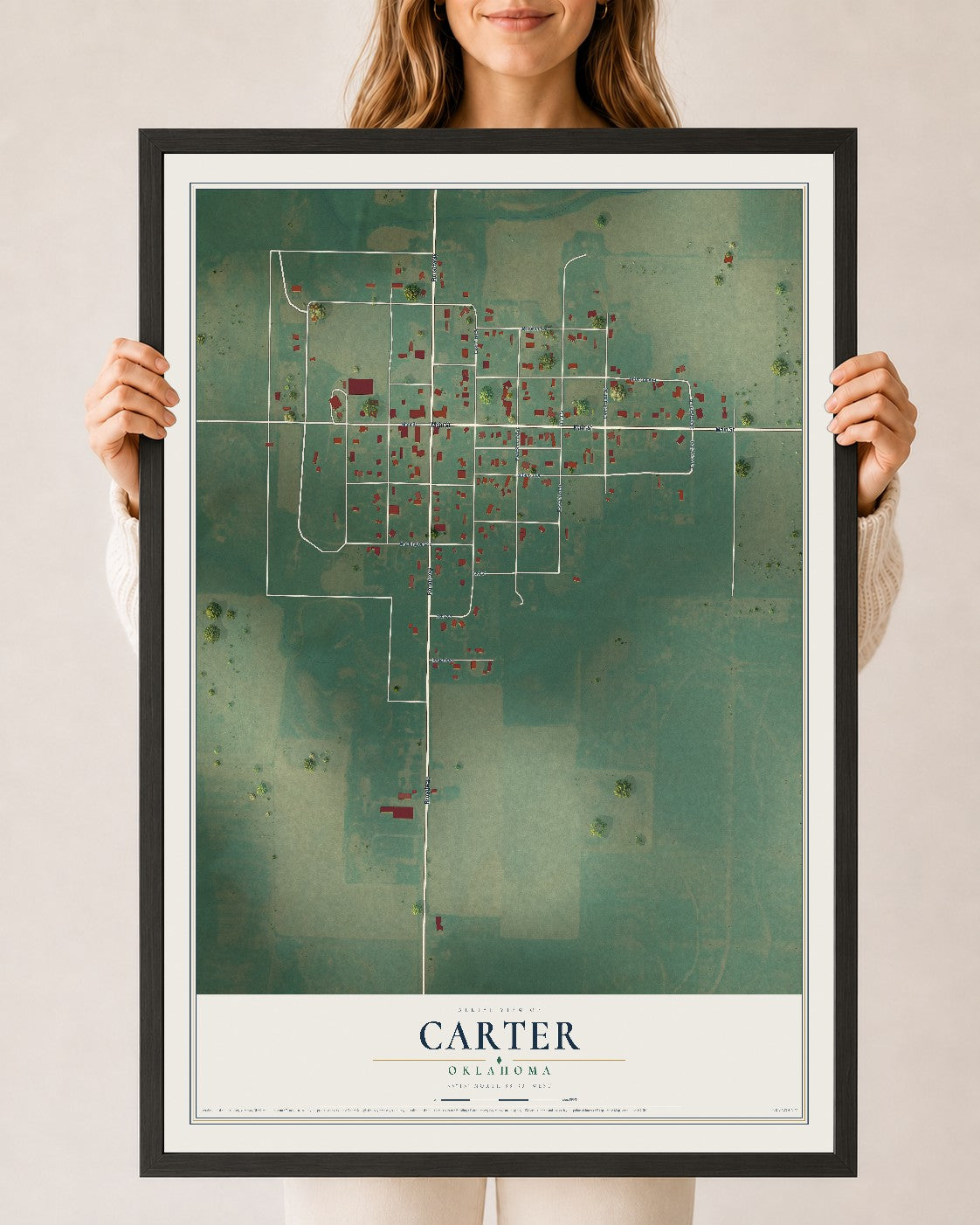 Map of Carter, Oklahoma, 24 x 36 inch print in a black wood frame
