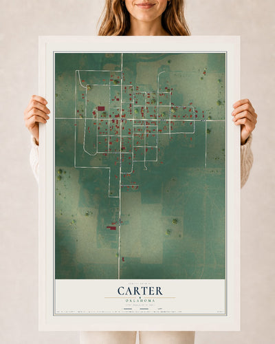 Map of Carter, Oklahoma, 24 x 36 inch print in a white wood frame