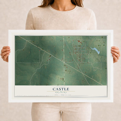 Map of Castle, Oklahoma, 12 x 18 inch print in a white wood frame