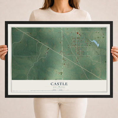 Map of Castle, Oklahoma, 18 x 24 inch print in a black wood frame