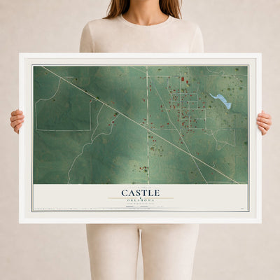 Map of Castle, Oklahoma, 24 x 36 inch print in a white wood frame