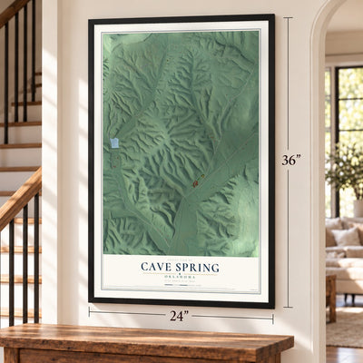 Cave Spring, Oklahoma map, 24 x 36 inch print in a black frame by a staircase