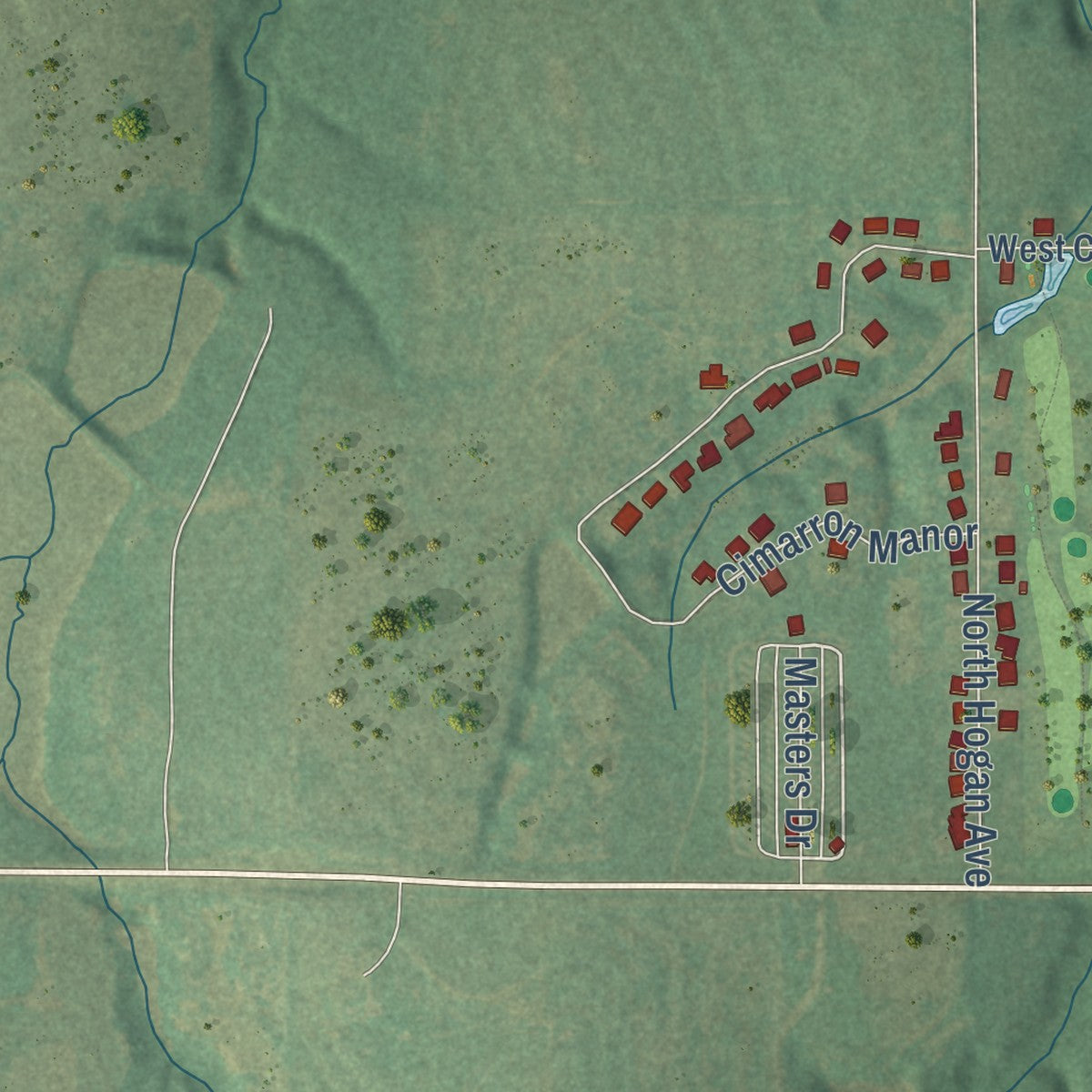 Second close-up of the map of Cedar Valley, Oklahoma print showing more streets and buildings