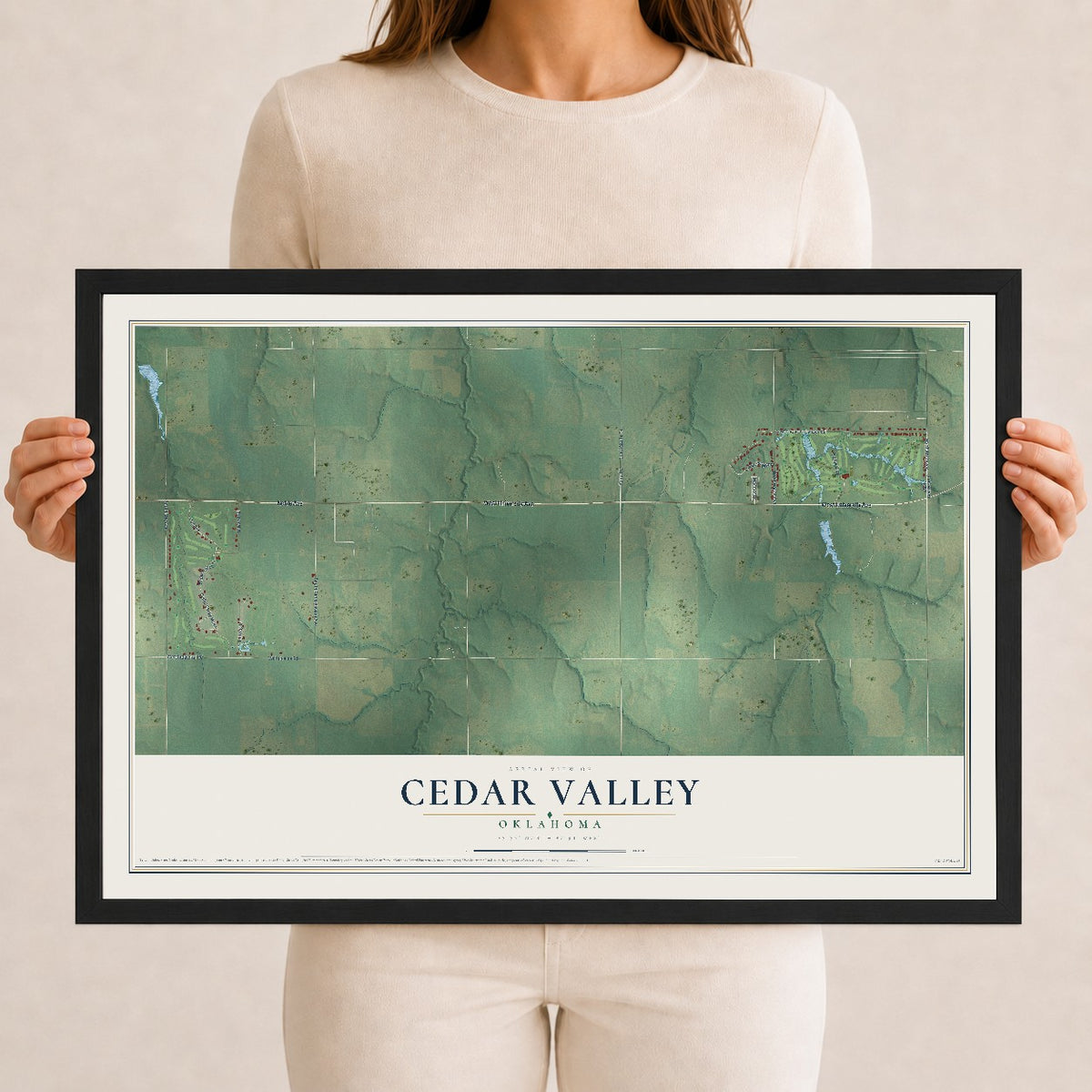 Map of Cedar Valley, Oklahoma, 12 x 18 inch print in a black wood frame