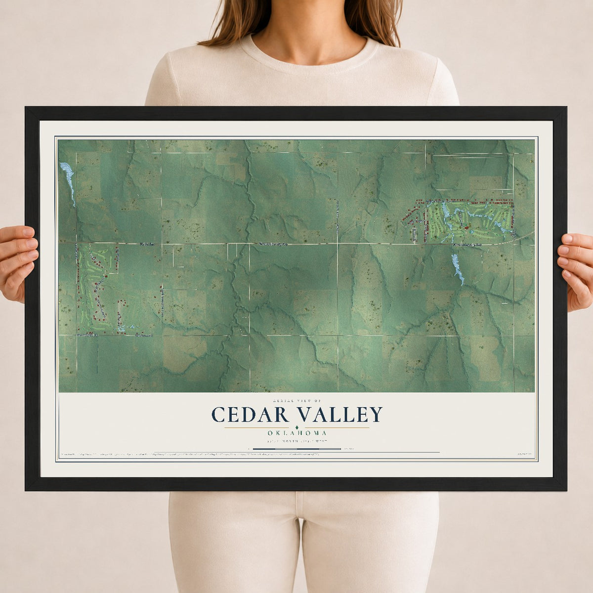Map of Cedar Valley, Oklahoma, 18 x 24 inch print in a black wood frame