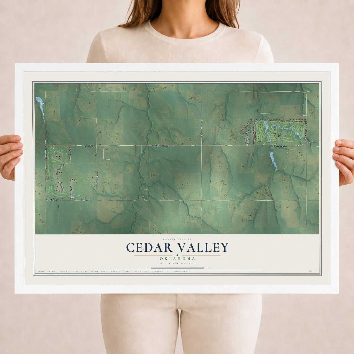 Map of Cedar Valley, Oklahoma, 18 x 24 inch print in a white wood frame