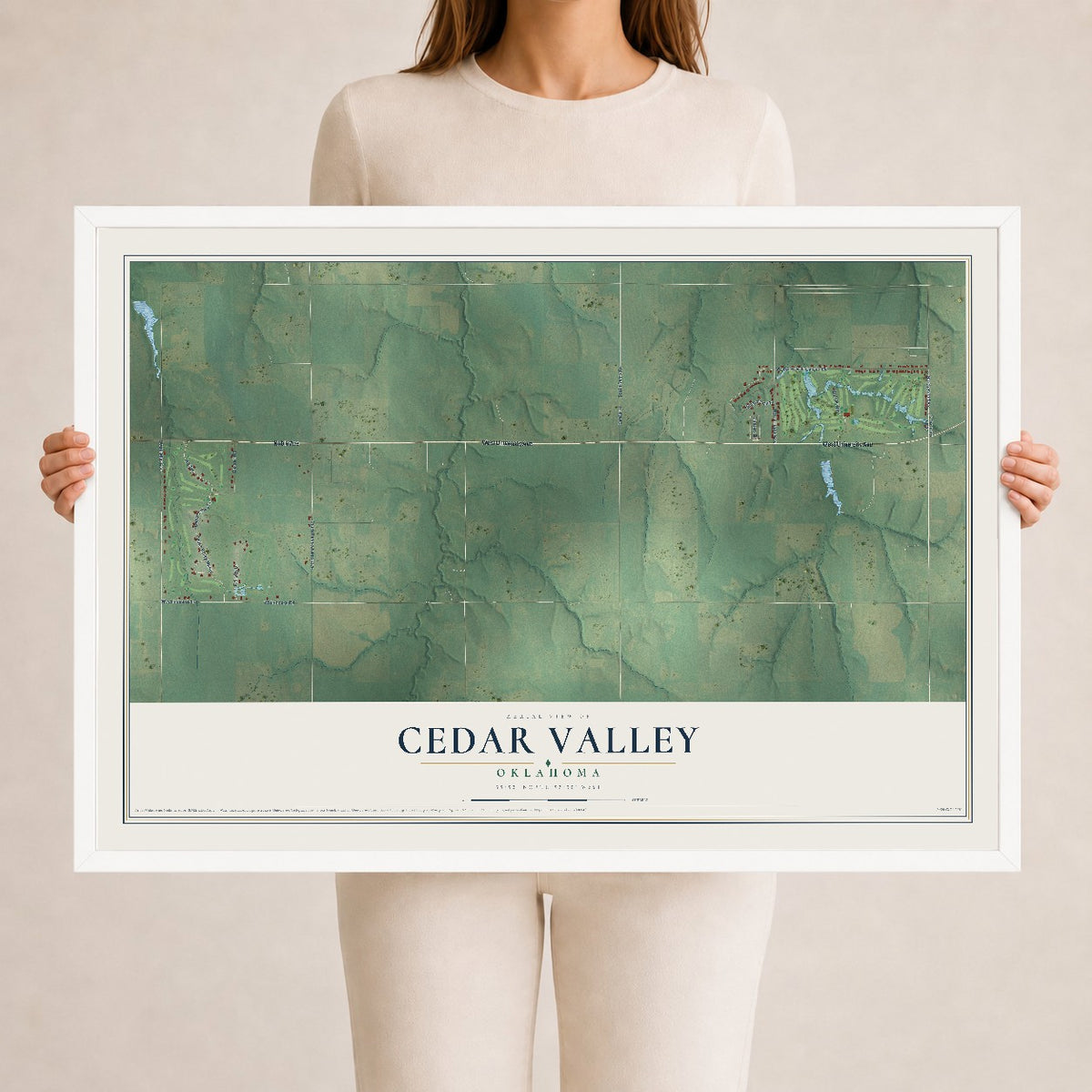 Map of Cedar Valley, Oklahoma, 24 x 36 inch print in a white wood frame