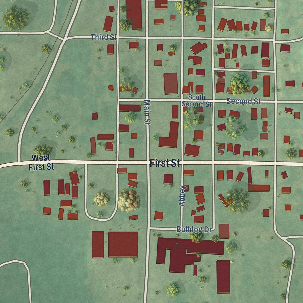 Close-up of the map of Cement, Oklahoma print showing street and building detail