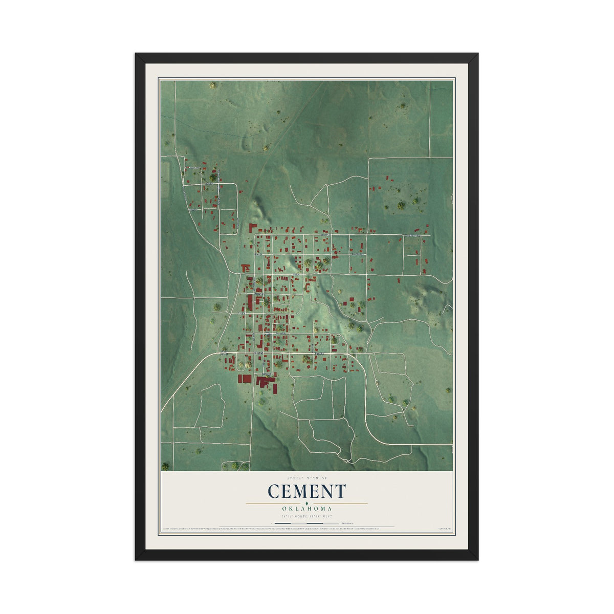 Map of Cement, Oklahoma, 12 x 18 inch print in a black wood frame