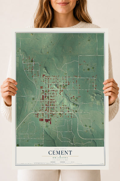 Map of Cement, Oklahoma, 18 x 24 inch unframed archival matte print