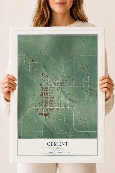 Map of Cement, Oklahoma, 18 x 24 inch print in a white wood frame