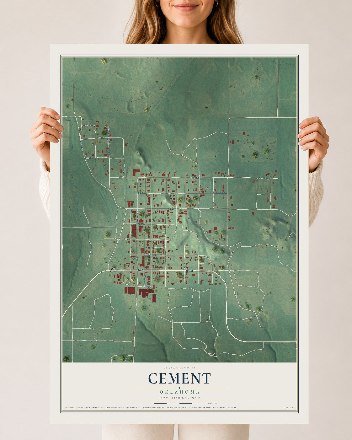 Map of Cement, Oklahoma, 24 x 36 inch unframed archival matte print