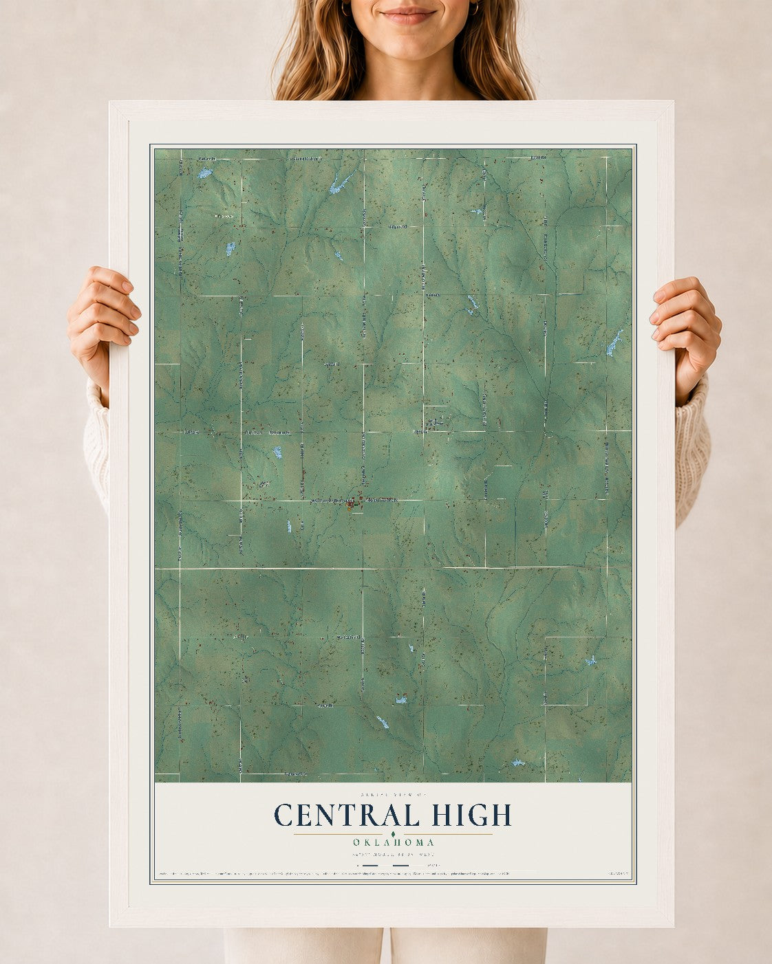 Map of Central High, Oklahoma, 24 x 36 inch print in a white wood frame