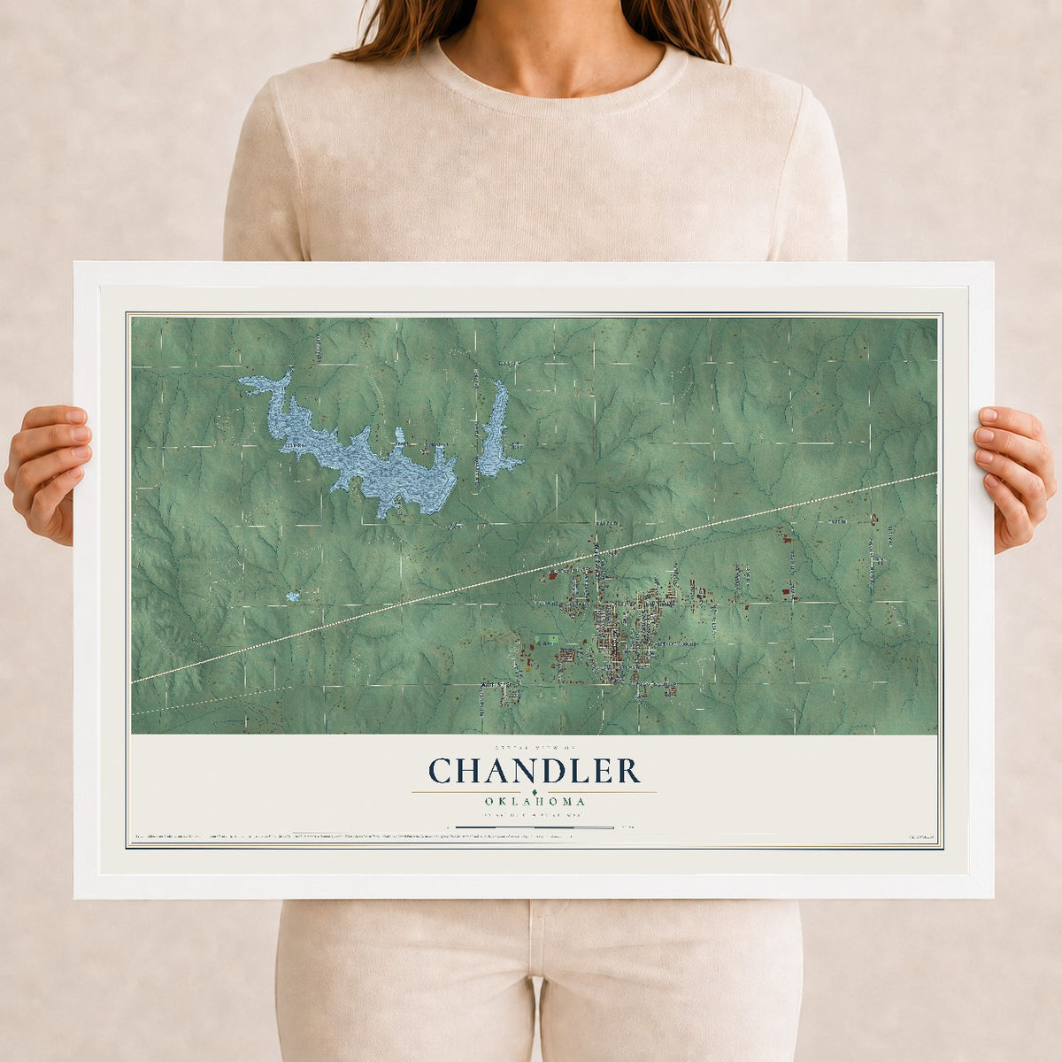 Map of Chandler, Oklahoma, 12 x 18 inch print in a white wood frame