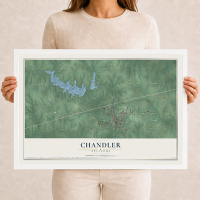 Map of Chandler, Oklahoma, 12 x 18 inch print in a white wood frame