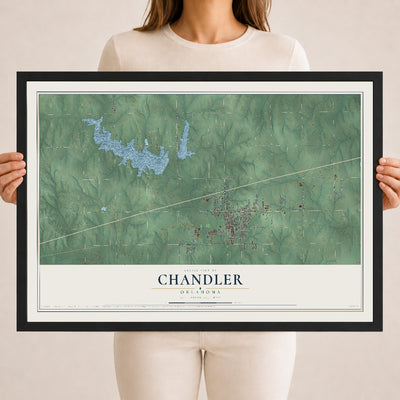 Map of Chandler, Oklahoma, 18 x 24 inch print in a black wood frame