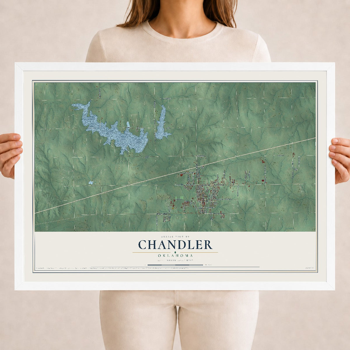 Map of Chandler, Oklahoma, 18 x 24 inch print in a white wood frame