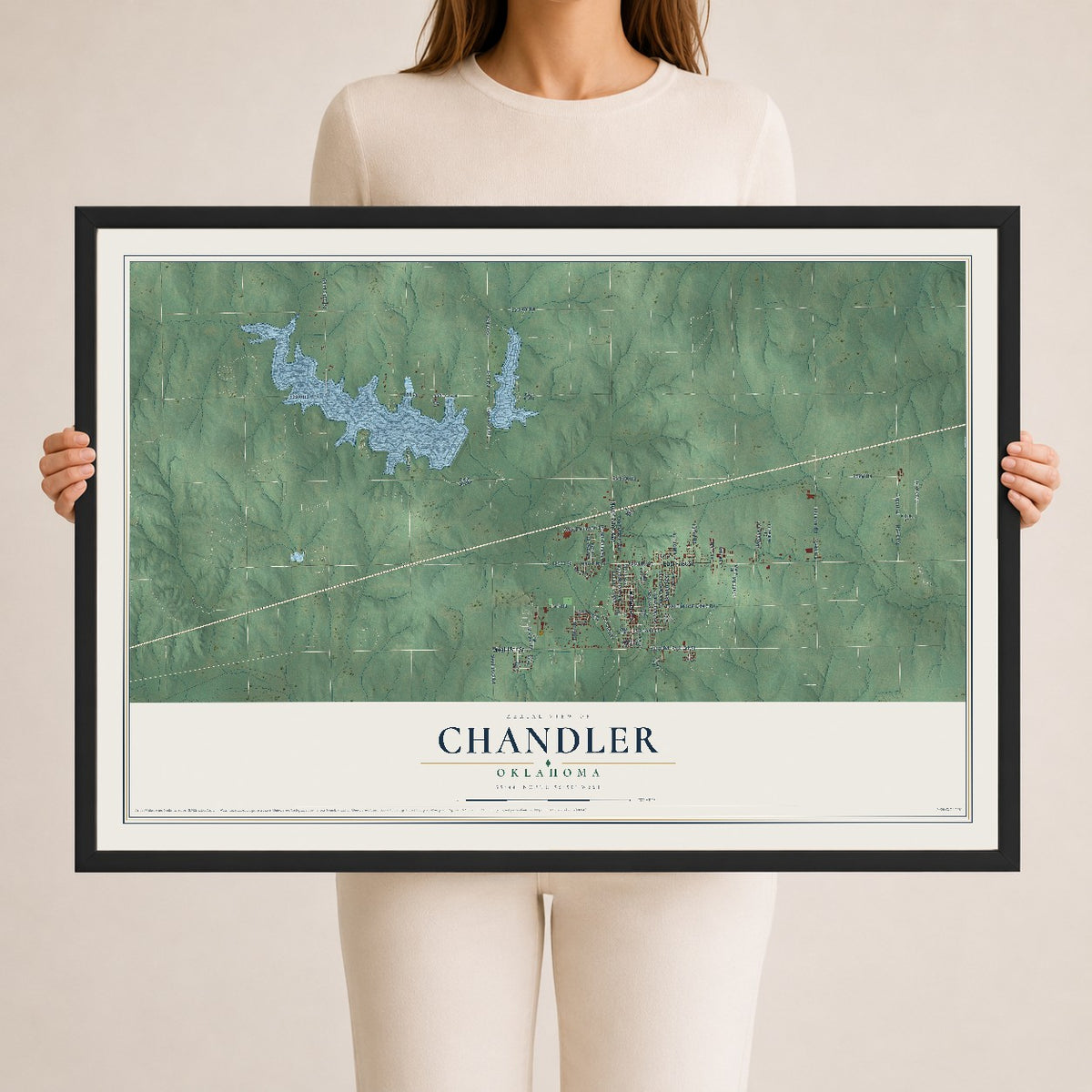 Map of Chandler, Oklahoma, 24 x 36 inch print in a black wood frame