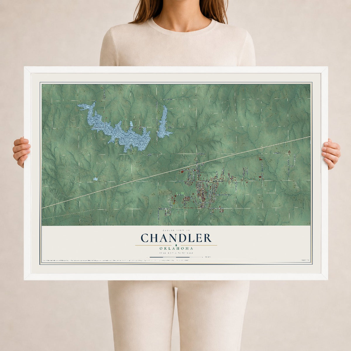 Map of Chandler, Oklahoma, 24 x 36 inch print in a white wood frame